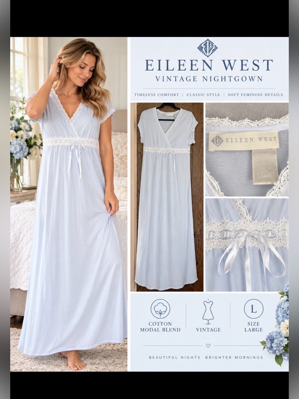 Eileen West vintage light blue Lace-Trim Long Nightgown size large